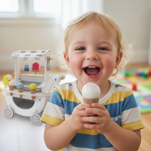 Drewniana lodziarnia na kółkach biały