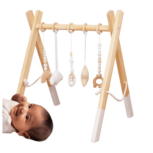 Educational wooden activity gym with hanging toys