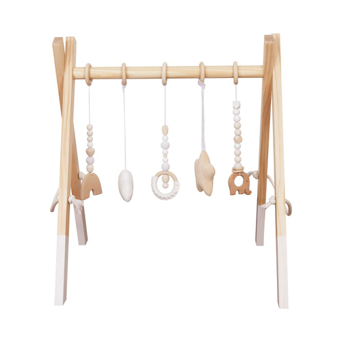 Educational wooden activity gym with hanging toys