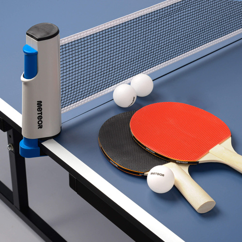 Zestaw stół do tenisa stołowego Meteor niebieski plus siatka rollnet, 2 rakietki, 3 piłeczki