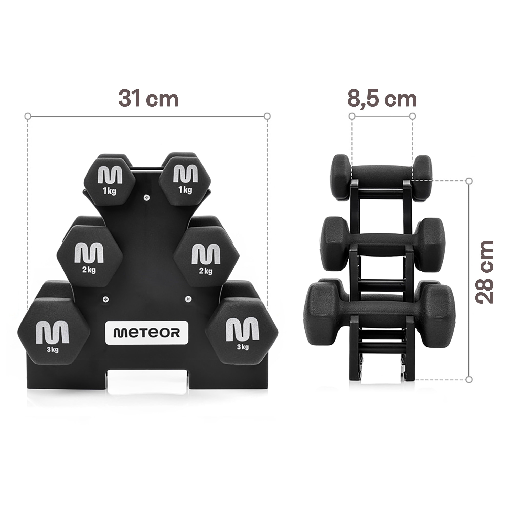 Cast Iron Dumbbell Set with Stand Meteor 3 / 2 / 1 kg 