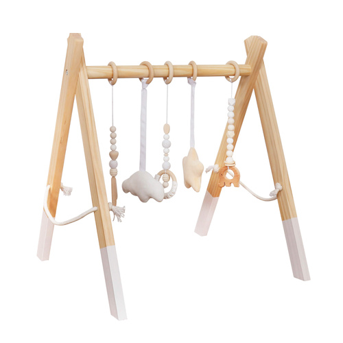 Educational wooden activity gym with hanging toys